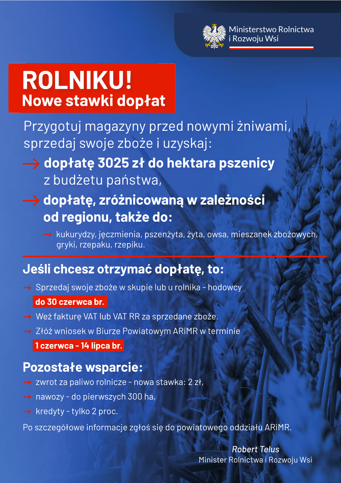 Plakat - informacja Ministra Rolnictwa w sprawie dopłat do zboża