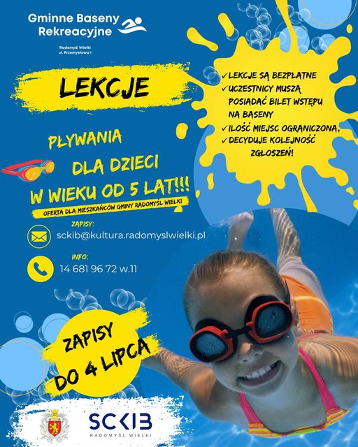 Plakat informujący o zapisach na lekcje pływania.