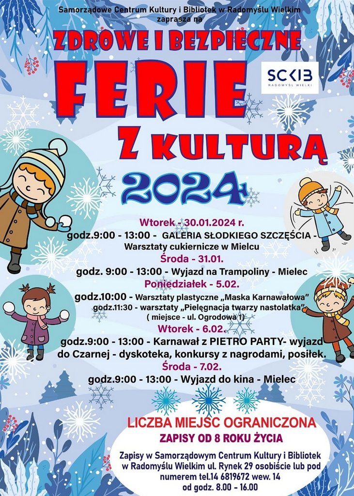 Plakat zapraszający do uczestnictwa w atrakcjach Ferie z kulturą