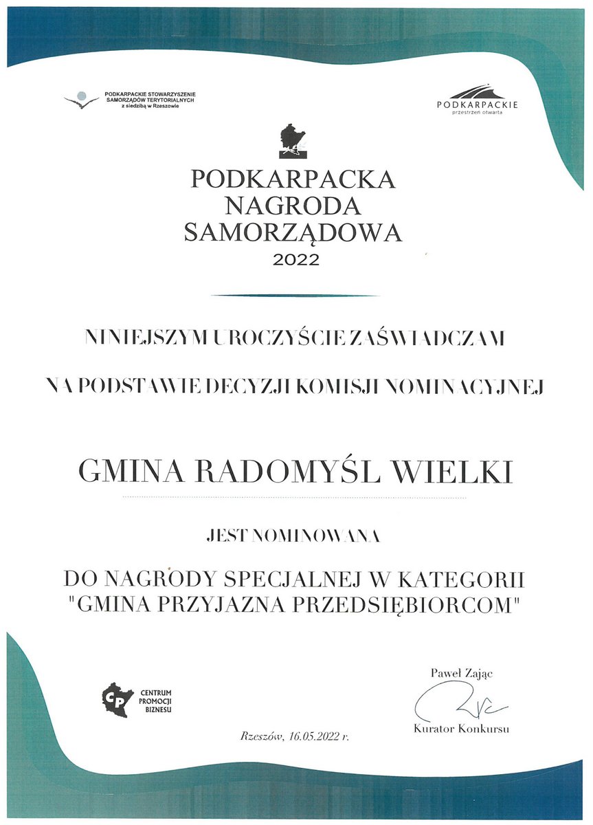 Dyplom nominacyjny Podkarpackiej Nagrody Samorządowej w kategorii Gmina Przyjazna Przedsiębiorcom