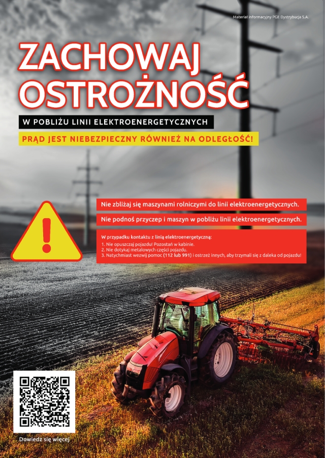 Plakat - informacje dotyczące zasad bezpiecznej pracy przy pracach polowych w pobliżu linii elektroenergetycznych