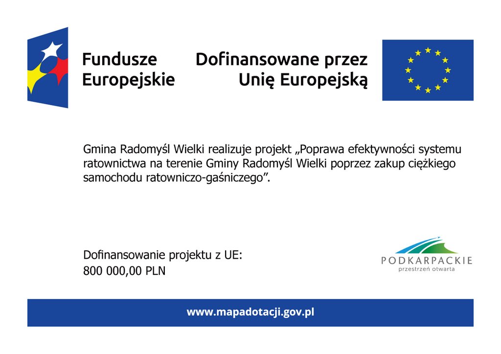 Plakat informujący o dofinansowaniu projektu „Poprawa efektywności systemu ratownictwa na terenie Gminy Radomyśl Wielki poprzez zakup ciężkiego samochodu ratowniczo-gaśniczego”.