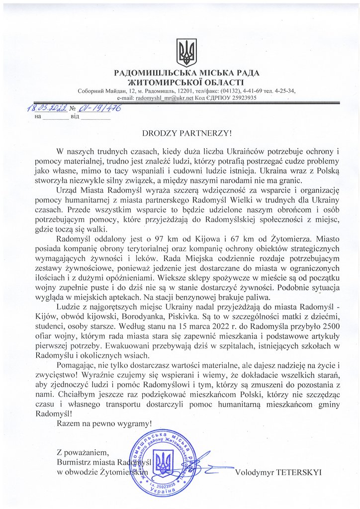 list od mera Radomyśla ukraińskiego