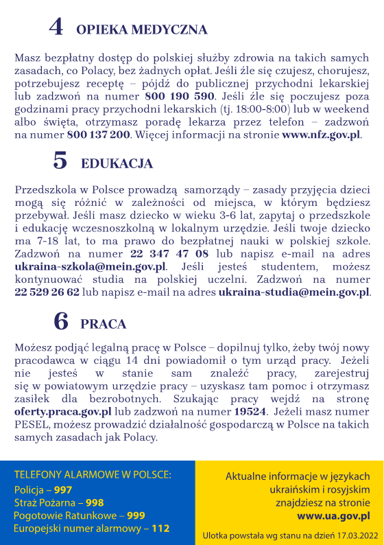 Ulotka informacyjna dla uchodźców wojennych z Ukrainy - strona 2 - polska werja językowa