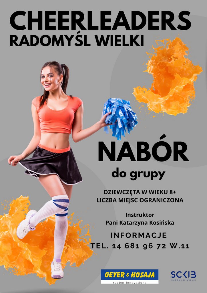 Plakat dotyczący naboru do zespołu cheerleaderek w Radomyślu Wielkim.