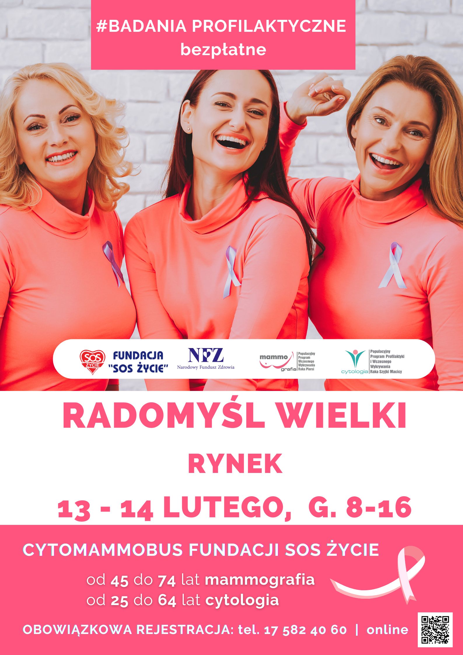 plakat informujący o badaniach profilaktycznych - cytologia, mammografia - w Radomyślu Wielkim w dniach 13-14 lutego 2025 roku