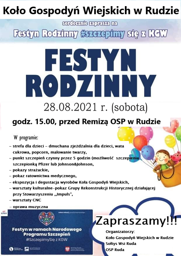 Zaproszenie na Festyn Rodzinny w Rudzie w dniu 28 sierpnia 2021 roku