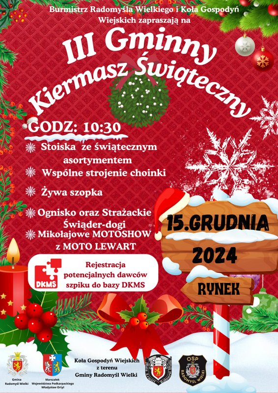 Plakat informujący o Gminnym Kiermaszu Świątecznym w Radomyśłu Wlk. w dniu 15 grudnia.