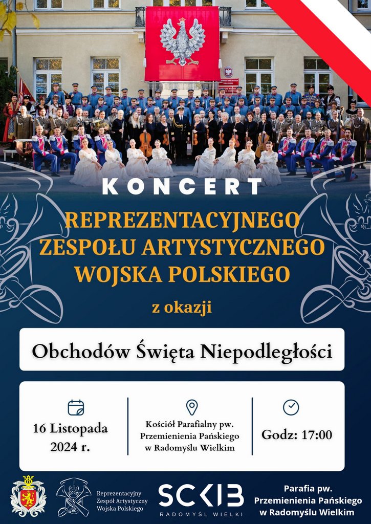 Plakat informujący o koncercie Reprezentacyjnego Zespołu Artystycznego Wojska Polskiego w dniu 16.11.2024