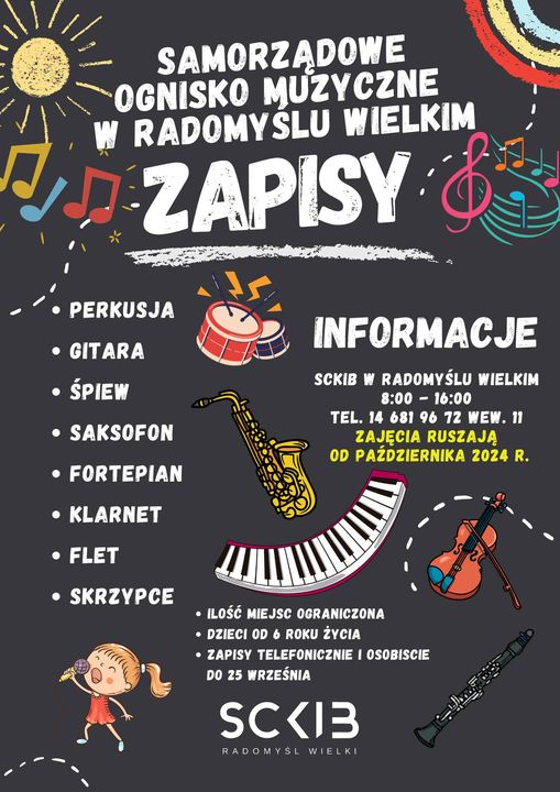 Plakat informujący o zapisach na zajęcia w Samorządowym Ognisku Muzycznym.