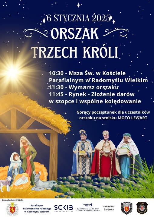 Plakat informujacy o Orszaku Trzech Króli w Radomyślu Wielkim.