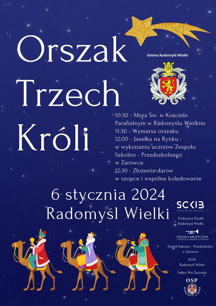 Plakat zapraszający do udziału w Orszaku Trzech Króli w Radomyślu Wielkim