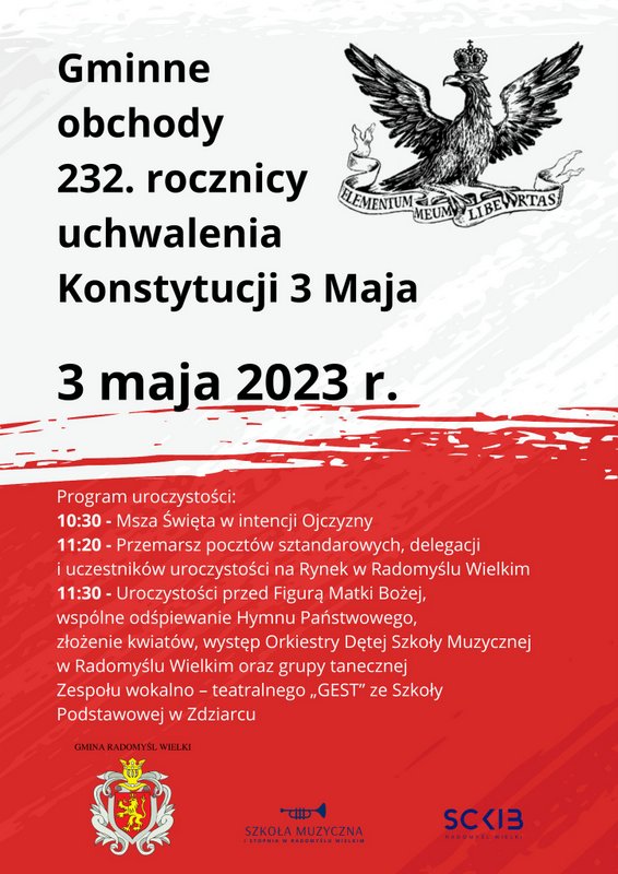 Plakat gminnych obchodów 232. rocznicy uchwalenia Konstytucji 3 Maja.