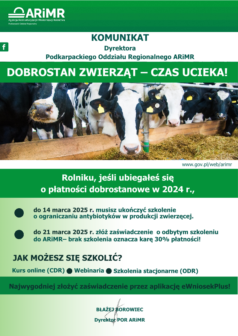 Plakat informujący o konieczności odbycia szkolenia w zakresie dobrostanu zwierząt