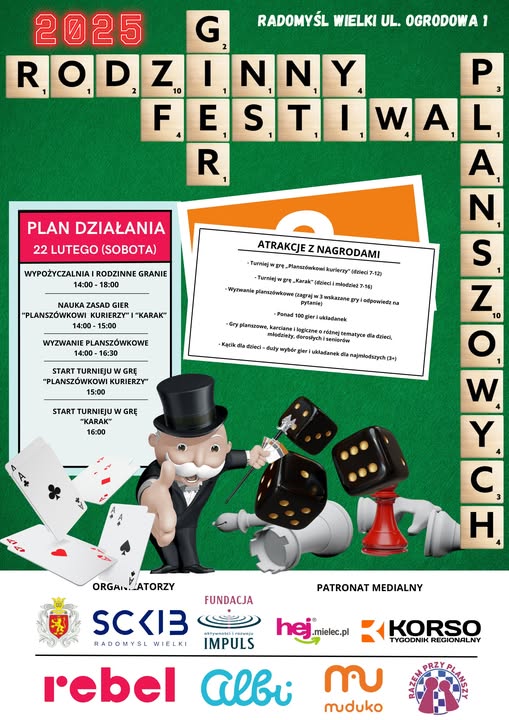 Plakat informujący o Rodzinnym Festiwalu Gier Planszowych 2025, który odbędzie się 22 lutego w Radomyślu Wlk.