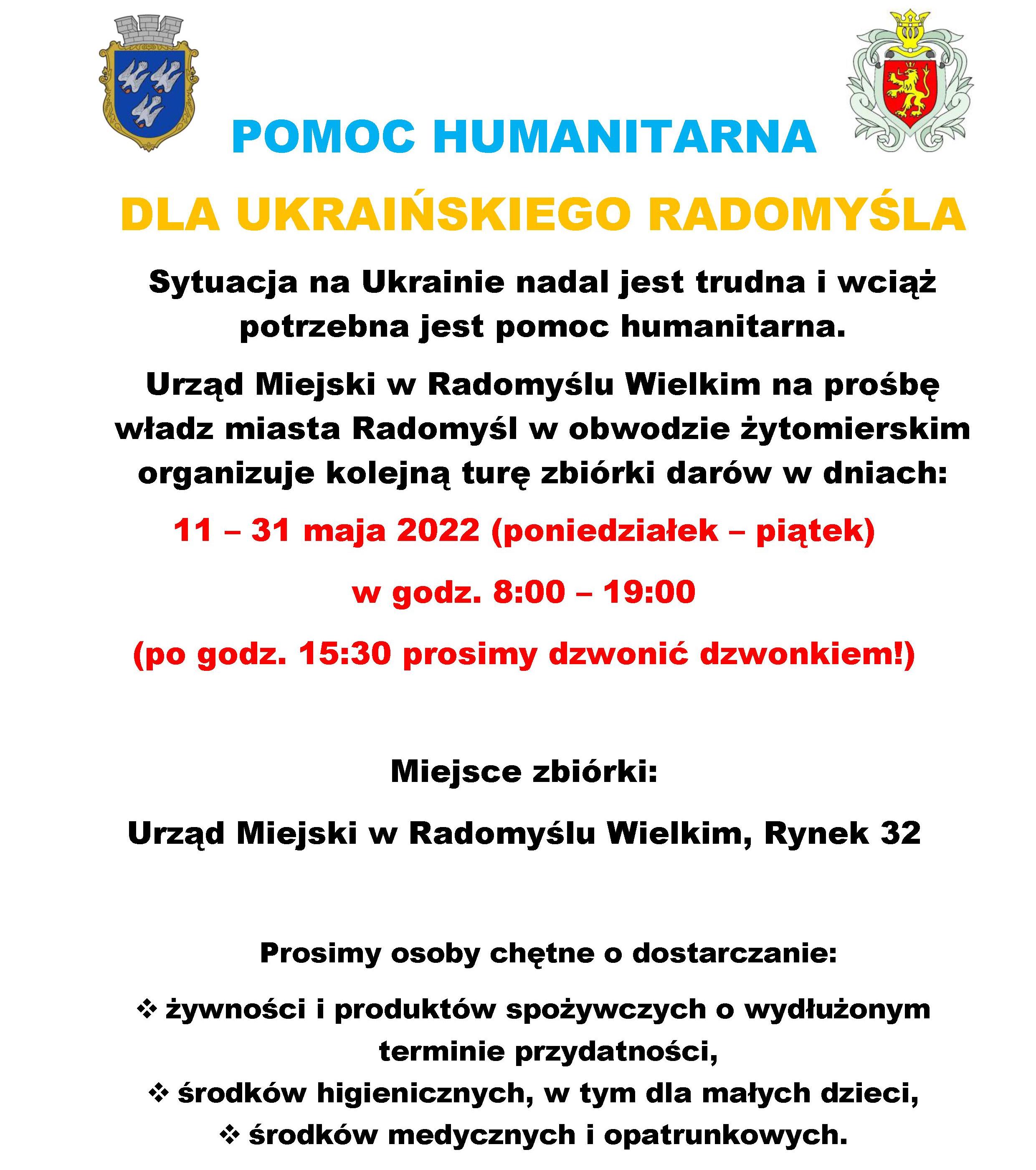 Informacja o zbiórce darów dla Ukrainy w dniach od 11 do 31 maja 2022 roku