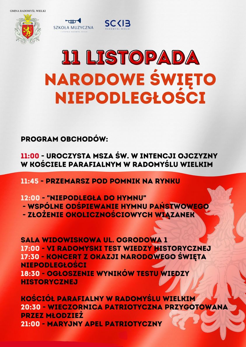 Plakat obchodów Święta Niepodległości w Radomyślu Wielkim.