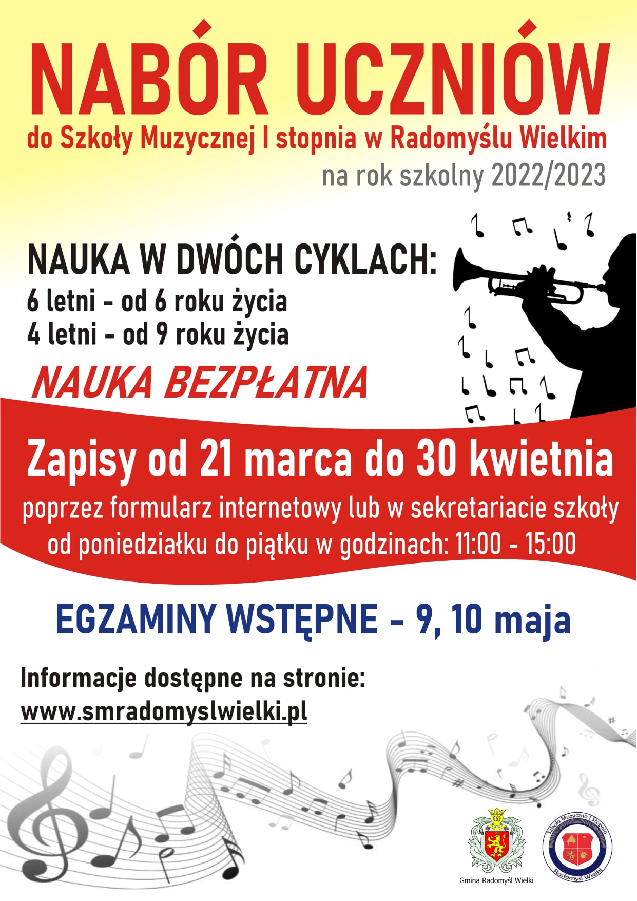 Plakat dotyczący naboru uczniów do Szkoły Muzycznej w Radomyślu Wielkim