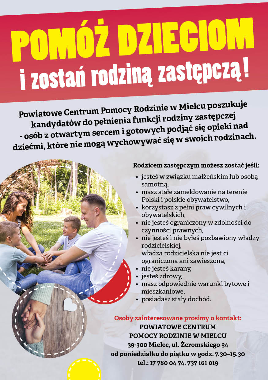 Rodziny zastępcze - ulotka Powiatowego Centrum Pomocy Rodzinie w Mielcu