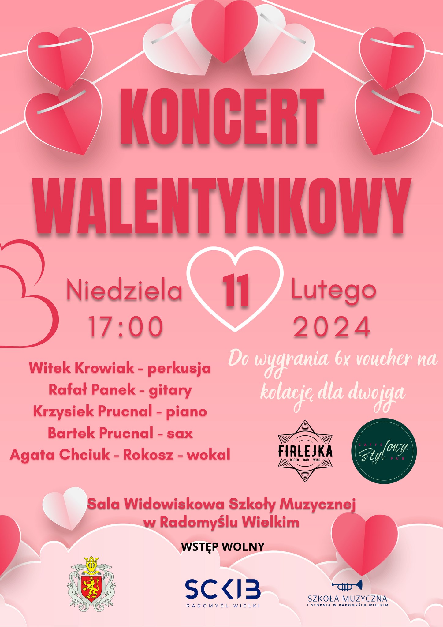 Plakat informujący o koncercie walentynkowym 11 lutego w Radomyślu Wlk.