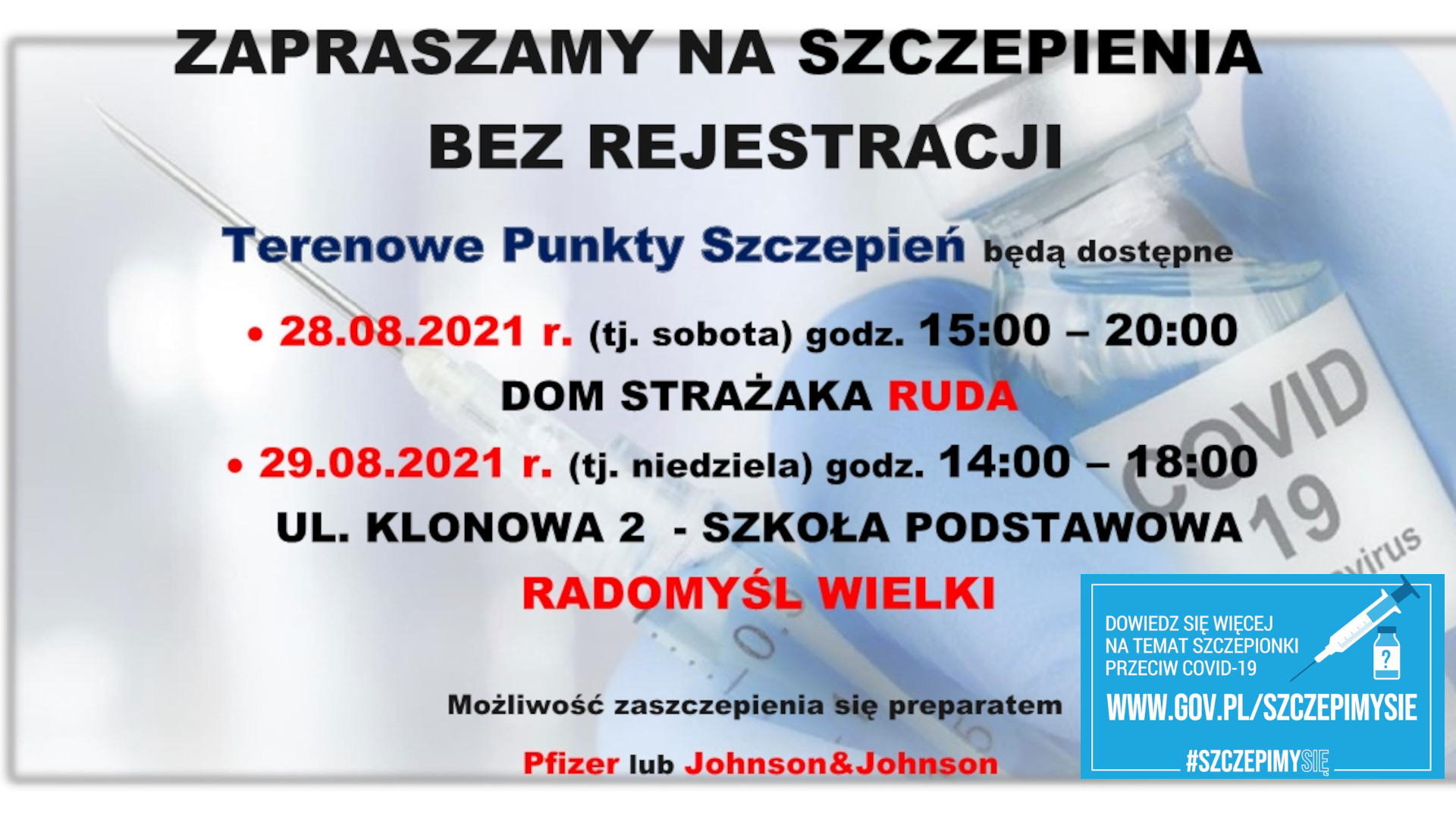 Zaproszenie na szczepienia bez rejestracji 28 i 29 sierpnia 2021 - plakat